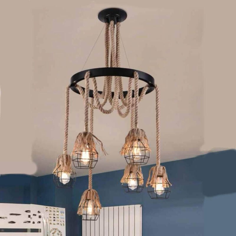 foto del prodotto lampadario a sospensione con corde in canapa e metallo vintage 6 portalampada lampada rustica retr country e27