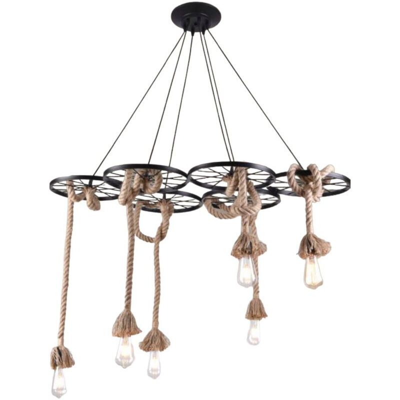 foto del prodotto lampadario a sospensione con corde in canapa vintage 6 portalampada lampada rustica retr country e27