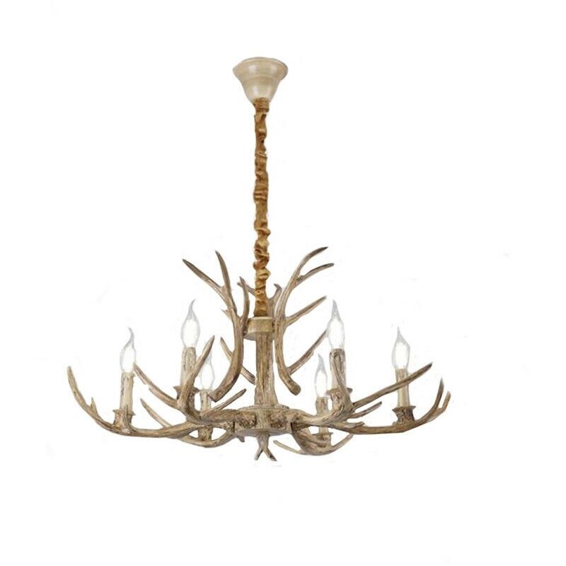 foto del prodotto lampadario a sospensione corna di cervo in resina 6 luci attacco piccolo e14 pendente design rustico country abete