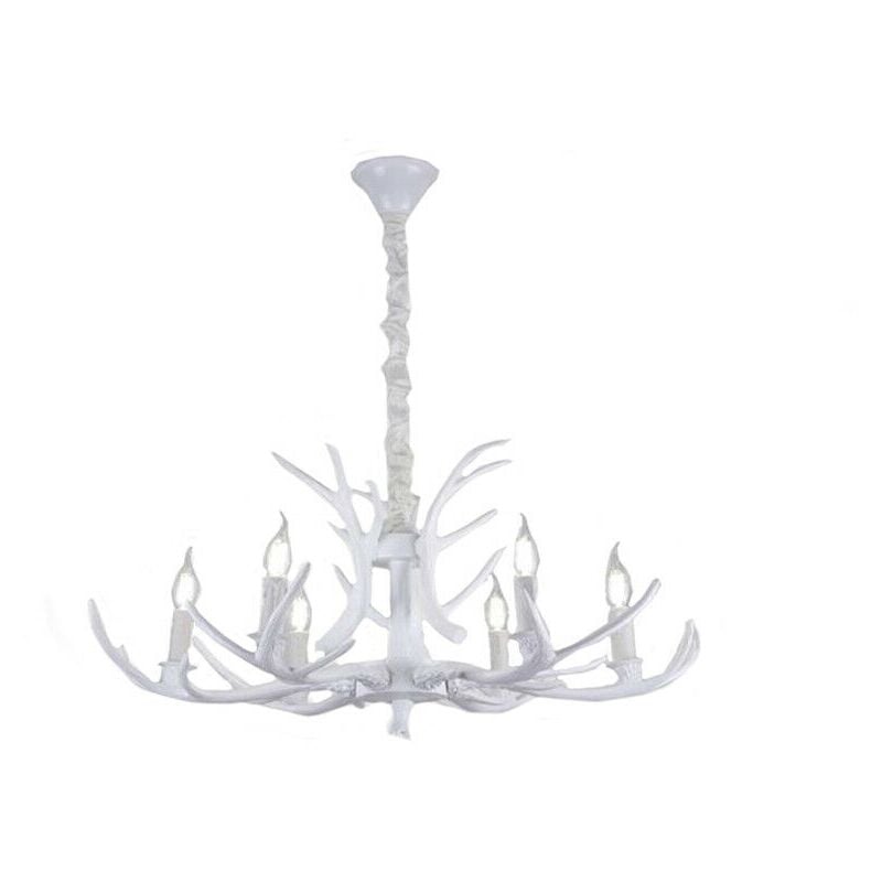 foto del prodotto lampadario a sospensione corna di cervo in resina 6 luci attacco piccolo e14 pendente design rustico country bianco