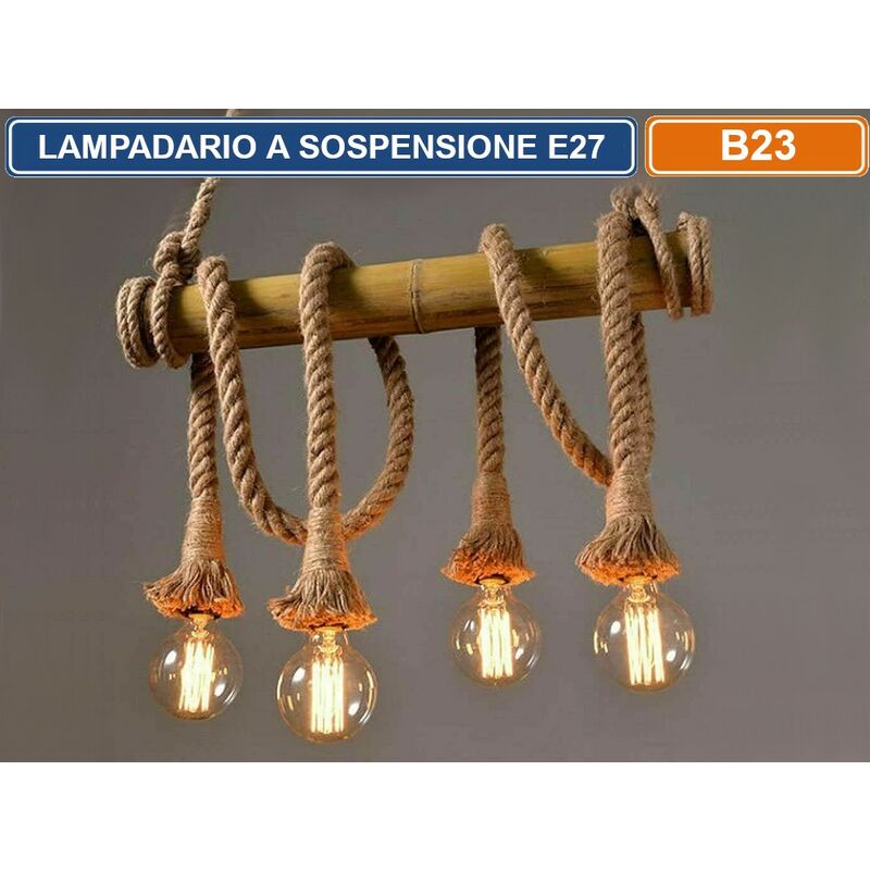 foto del prodotto lampadario a sospensione country in corda canapa bambu 4 attacchi e27 160w