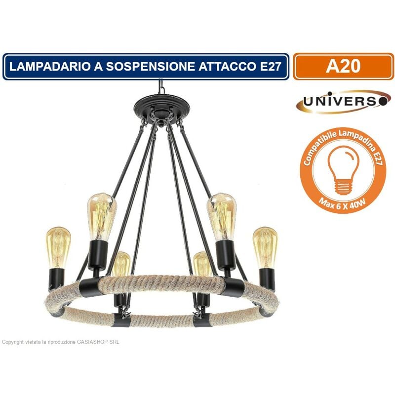 foto del prodotto lampadario a sospensione coutry rustico in corda di forma circolare con 6 attacchi e27