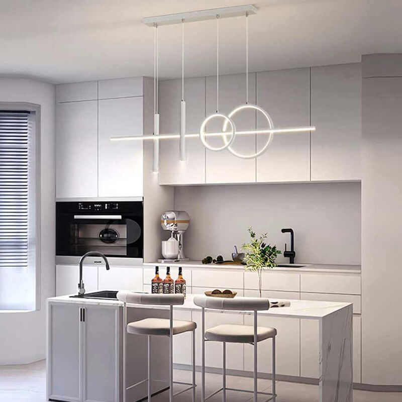 foto del prodotto lampadario a sospensione decorativo con anelli e punto luce di forma cilindrica bianca a luce fredda 6500k