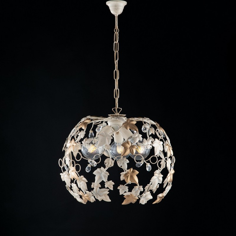 foto del prodotto lampadario a sospensione ferro avorio oro e strass tre luci 50x h45 cm edera