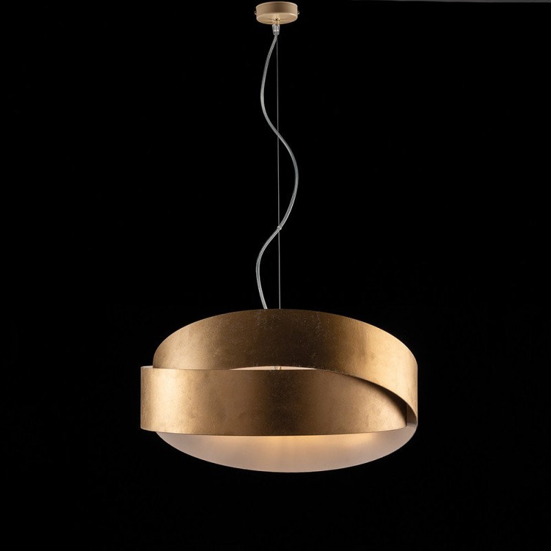 foto del prodotto lampadario a sospensione in ferro bianco oro due luci 46x h22 cm