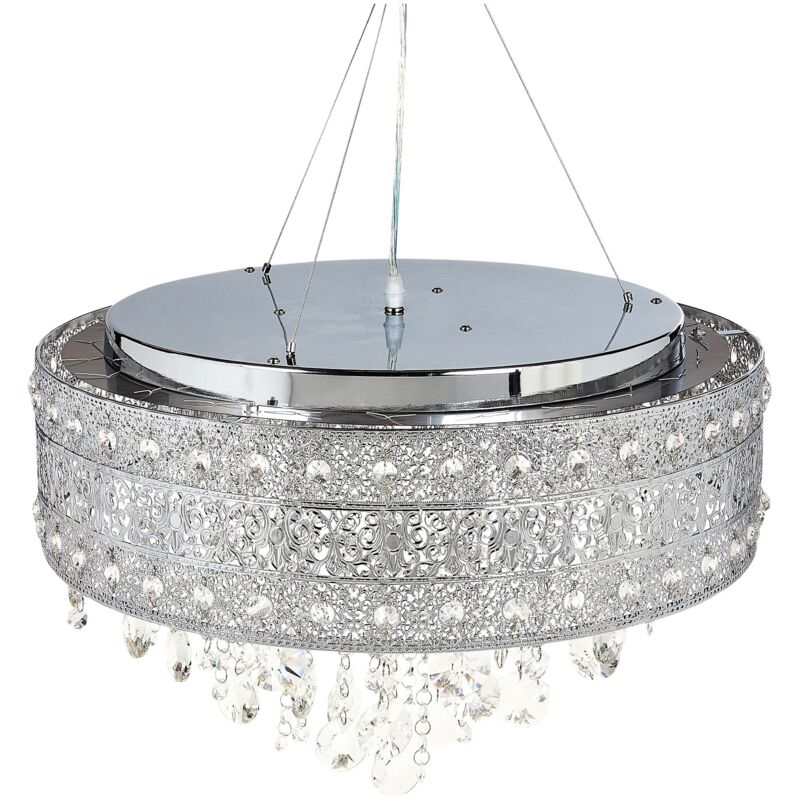 foto del prodotto lampadario a sospensione in ferro con cristalli finitura cromo illuminazione argento barbeira