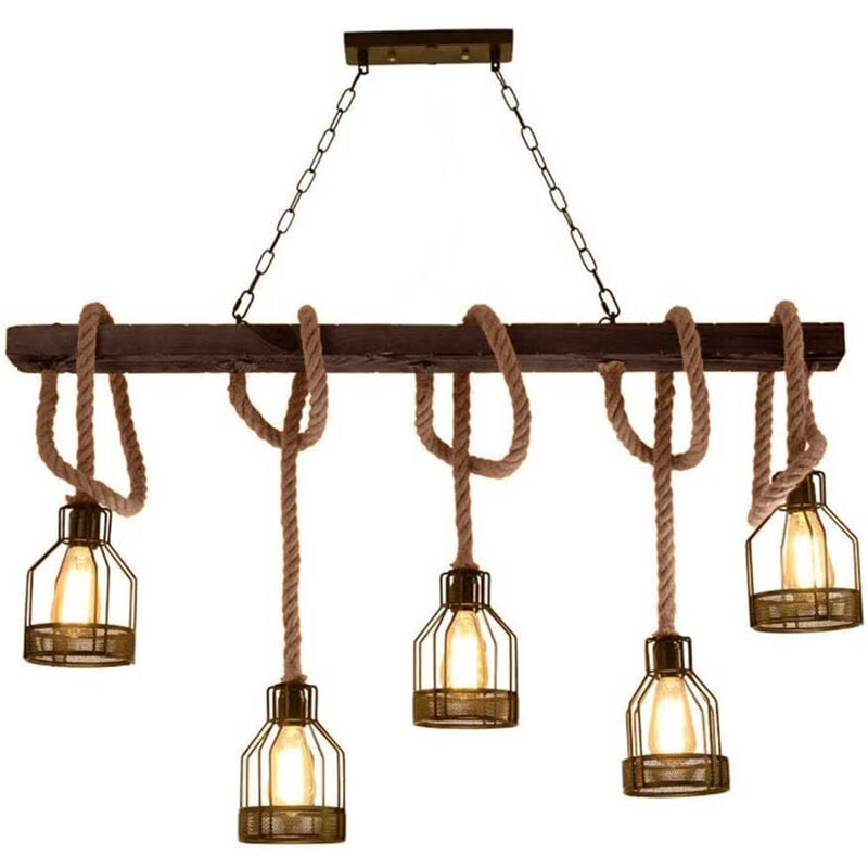 foto del prodotto lampadario a sospensione in legno 5 portalampada in corda di canapa e metallo lampada da tavolo da cucina vintage country e27