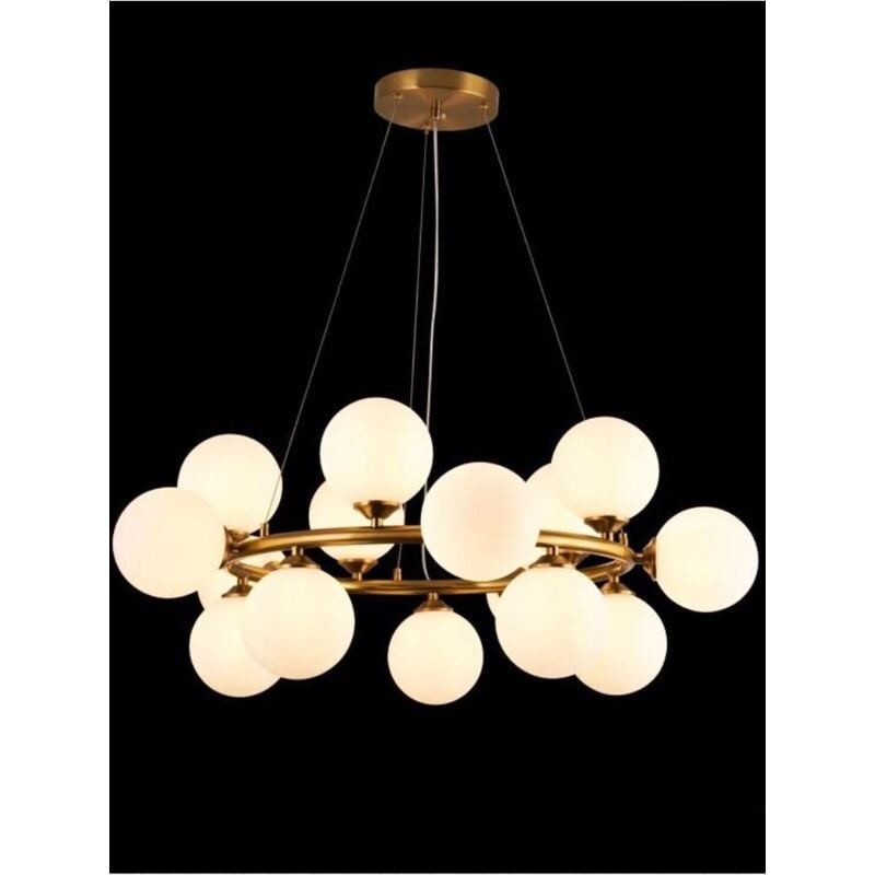 foto del prodotto lampadario a sospensione in metallo bronzo con 15 sfere sfera bianca attacco g9