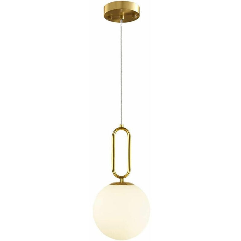 foto del prodotto lampadario a sospensione in metallo color bronzo con sfera luminosa opaca bianca in vetro g9