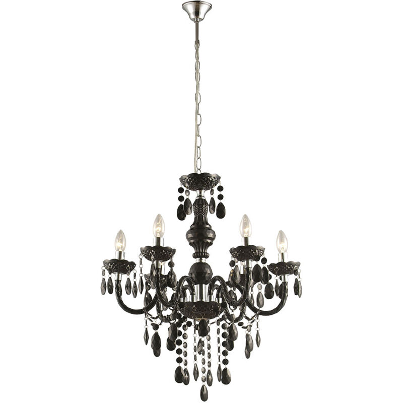 foto del prodotto lampadario a sospensione in metallo per camera da letto, lampadario cromato, lampada a sospensione a 5 fiamme cromate, decoro acrilico nero, 6x e14,