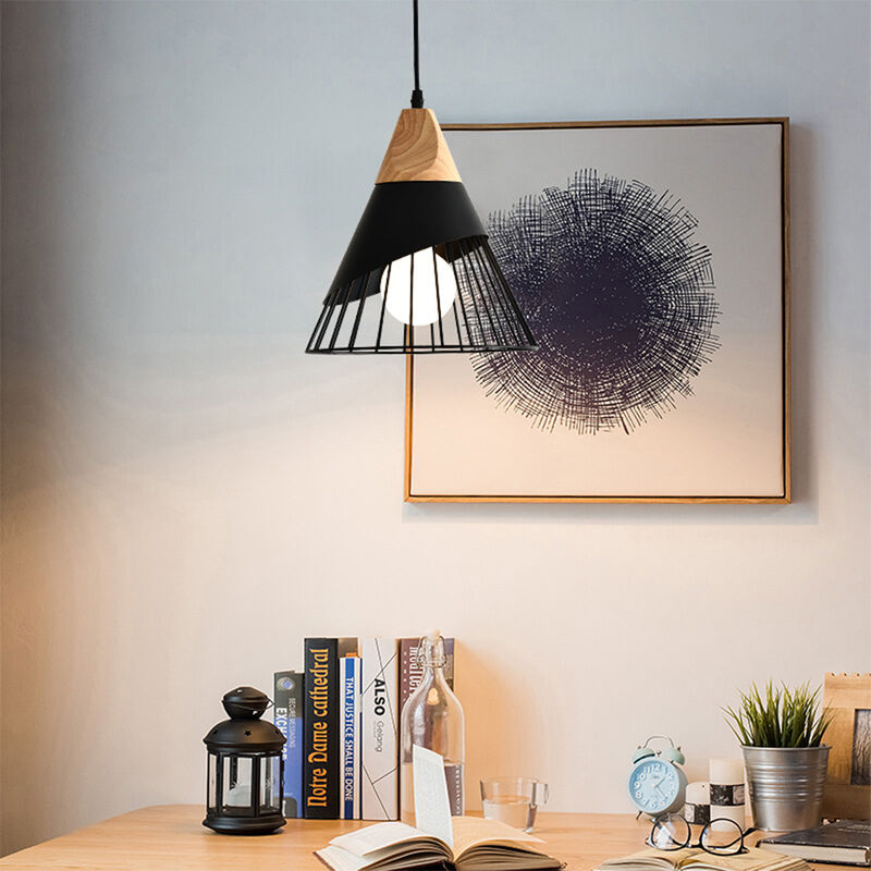 foto del prodotto lampadario a sospensione industriale e27 gabbia in ferro e legno illuminazione in stile moderno per camera da letto soggiorno cucina nero 