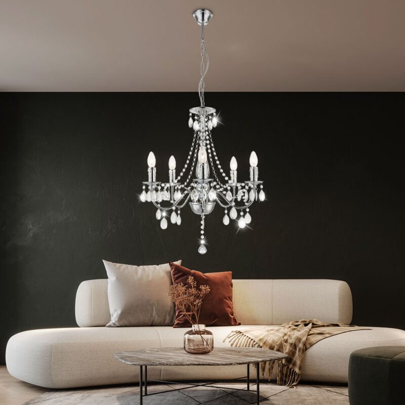 foto del prodotto lampadario a sospensione lampada a sospensione luce soggiorno camera da letto lampada da soffitto, metallo cristalli acrilici cromati, 5x e14, led