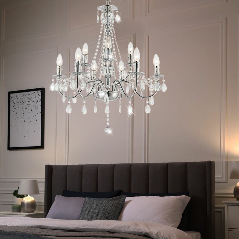 foto del prodotto lampadario a sospensione lampadario lampadario luce soggiorno, 9 fiamme, metallo cromato classico, 9 attacchi e14, pxh 63x153 cm