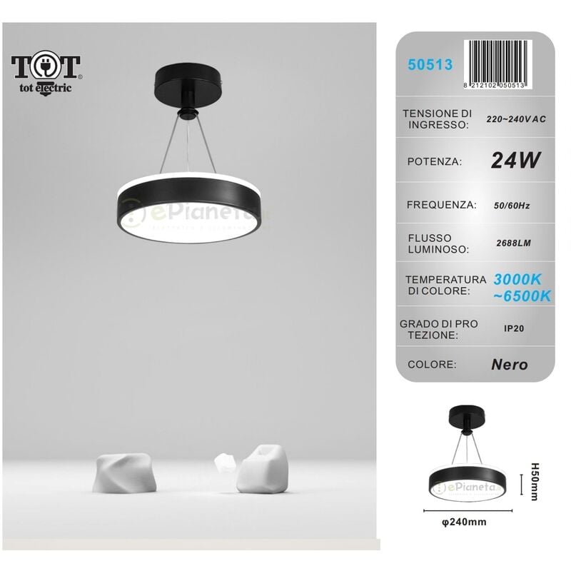 foto del prodotto lampadario a sospensione led 24w cerchio tondo circolare design moderno bianco oro nero luce fredda calda nero