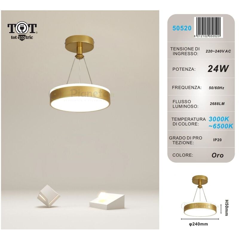 foto del prodotto lampadario a sospensione led 24w cerchio tondo circolare design moderno bianco oro nero luce fredda calda oro