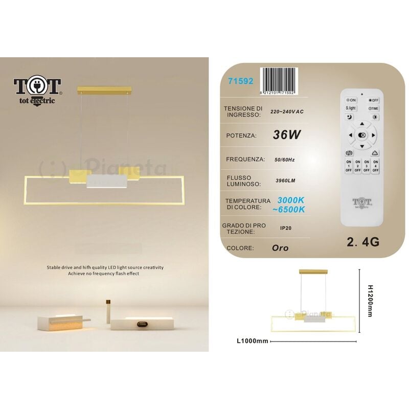 foto del prodotto lampadario a sospensione led 36w rettangolare con telecomando design moderno nero bianco oro luce fredda calda oro