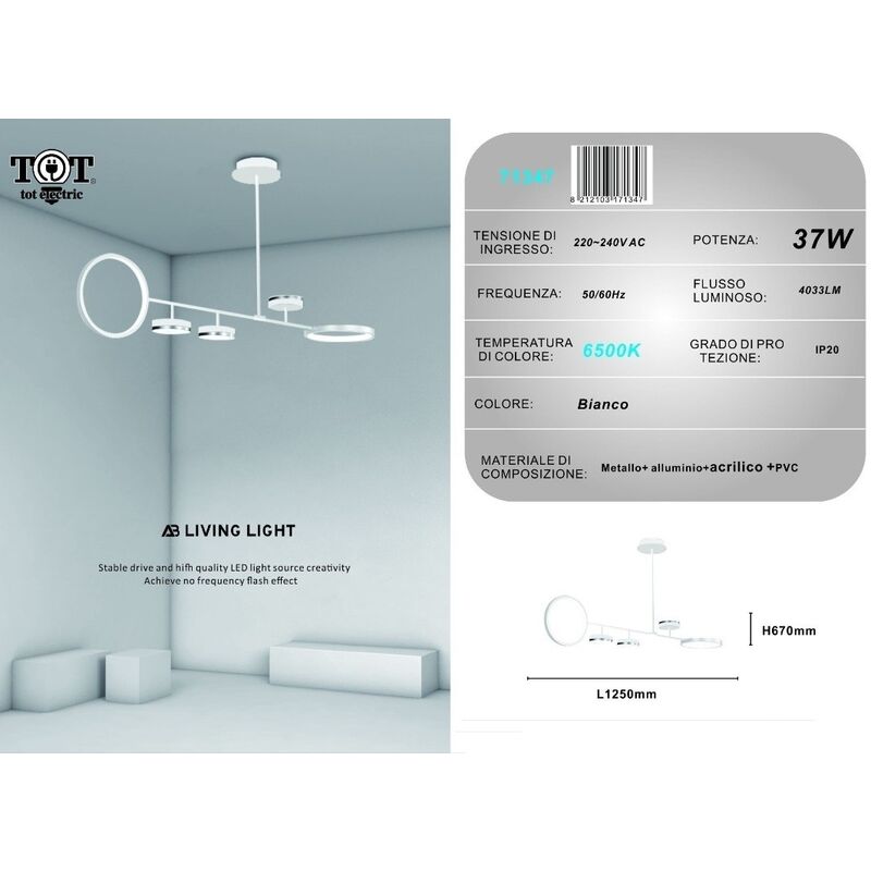 foto del prodotto lampadario a sospensione led 37w con 5 cerchi lampada orizzontale bianco luce fredda naturale design moderno per camera salotto bianco freddo