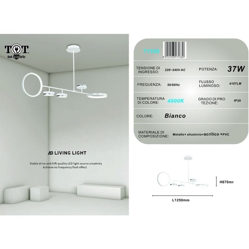 foto del prodotto lampadario a sospensione led 37w con 5 cerchi lampada orizzontale bianco luce fredda naturale design moderno per camera salotto naturale