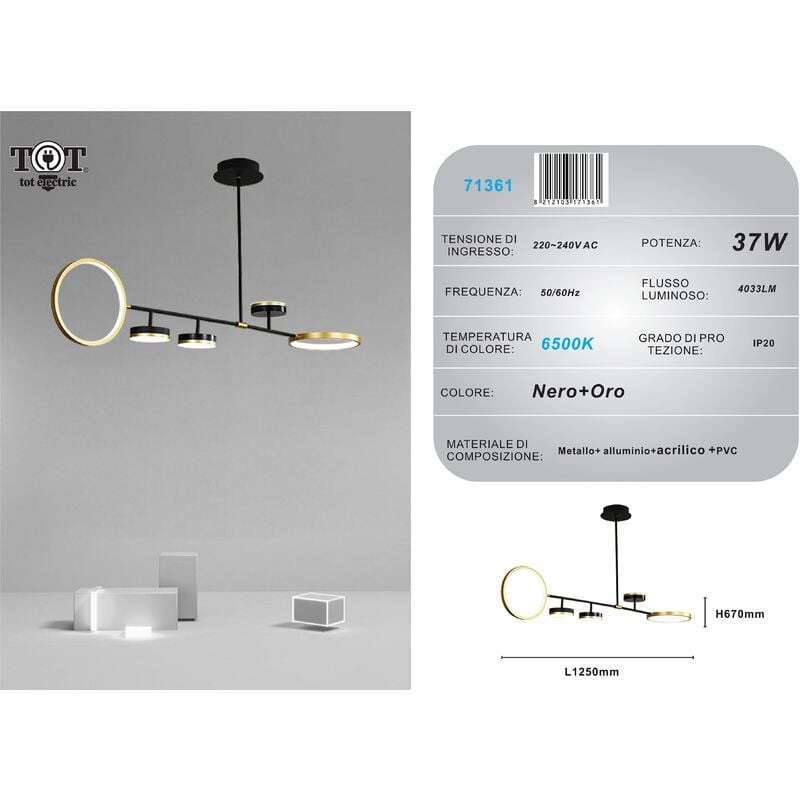 foto del prodotto lampadario a sospensione led 37w con 5 cerchi orizzontale nero oro luce bianca naturale design moderno per camera salotto bianco freddo