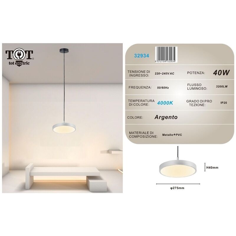 foto del prodotto lampadario a sospensione led 40w argento cerchio tondo design moderno minimal naturale