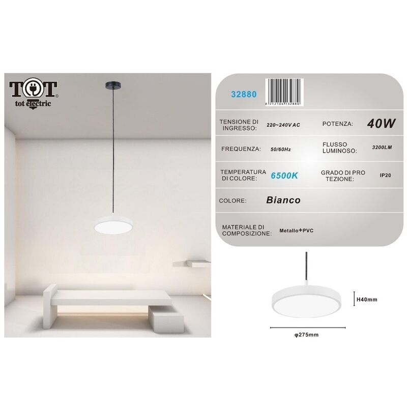 foto del prodotto lampadario a sospensione led 40w bianco cerchio tondo design moderno minimal bianco freddo