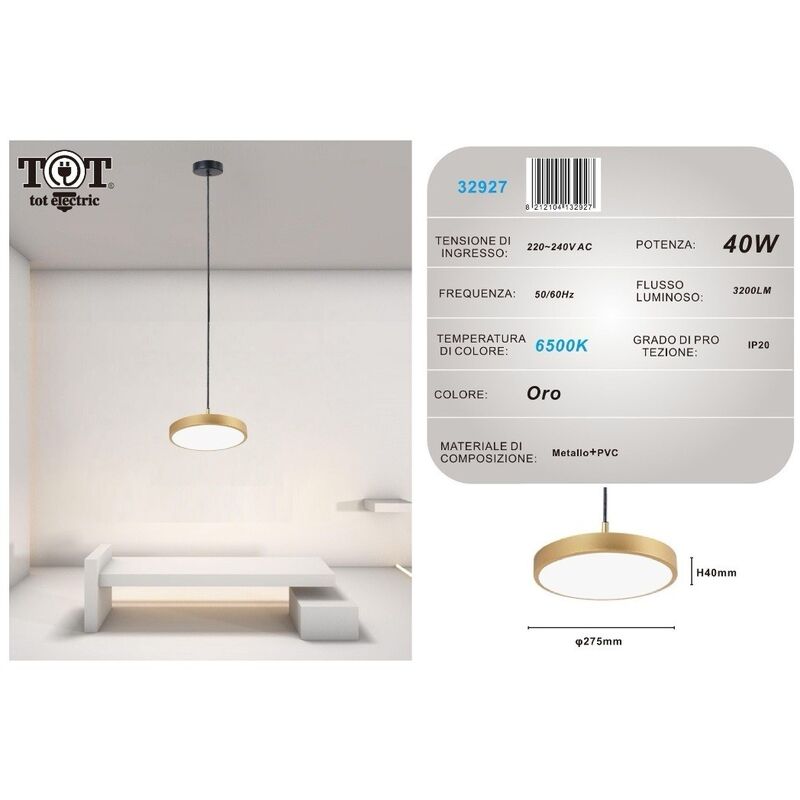 foto del prodotto lampadario a sospensione led 40w oro cerchio tondo design moderno minimal bianco freddo