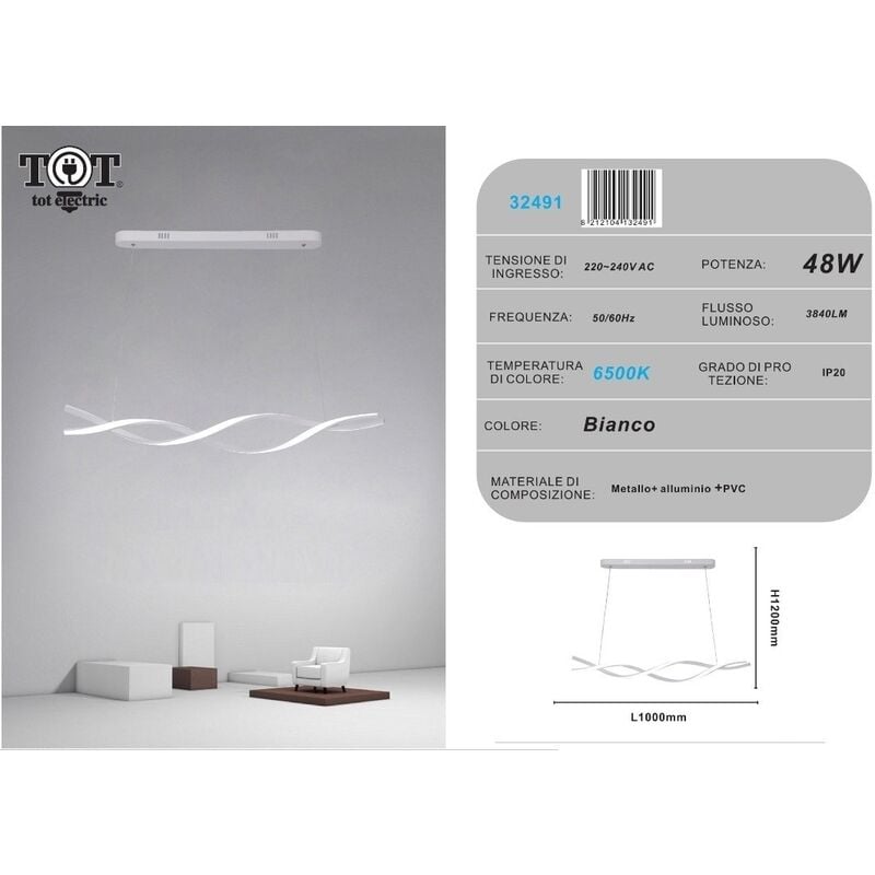 foto del prodotto lampadario a sospensione led 48w bianco spirale ondulato luce vortice orizzontale per camera cucina soggiorno bianco freddo