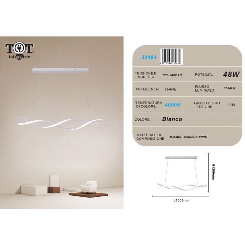 foto del prodotto lampadario a sospensione led 48w bianco spirale ondulato luce vortice orizzontale per camera cucina soggiorno naturale