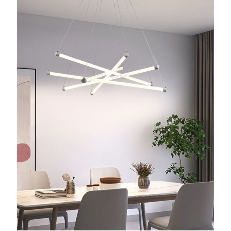 foto del prodotto lampadario a sospensione led 55w con stecche bacchette incrociate design moderno luce bianco naturale bianco freddo