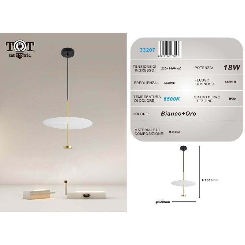 foto del prodotto lampadario a sospensione luce led 18w disco paralume piatto oro rotondo design minimal moderno bianco freddo