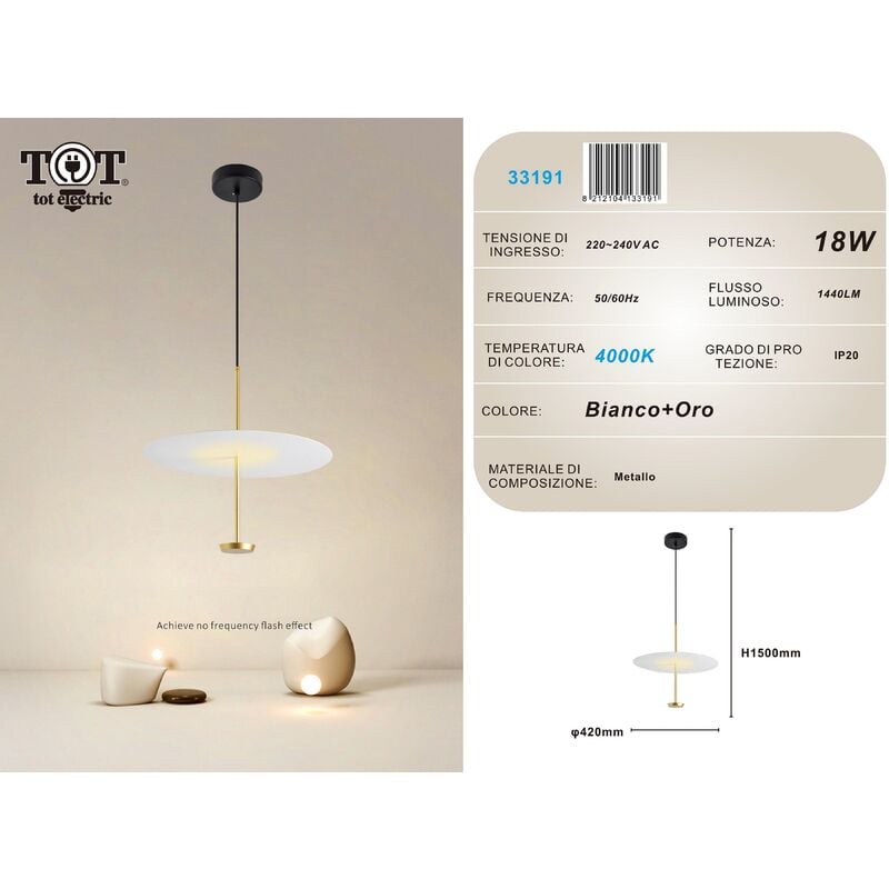 foto del prodotto lampadario a sospensione luce led 18w disco paralume piatto oro rotondo design minimal moderno naturale
