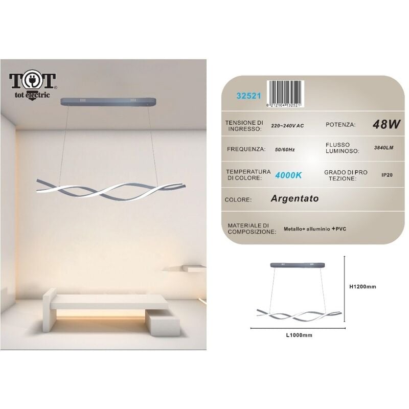 foto del prodotto lampadario a sospensione luce led 48w argento spirale vortice orizzontale per camera cucina soggiorno naturale