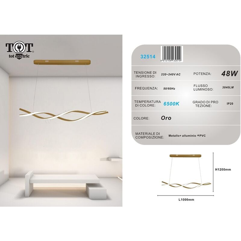 foto del prodotto lampadario a sospensione luce led 48w oro spirale vortice orizzontale per camera cucina soggiorno bianco freddo