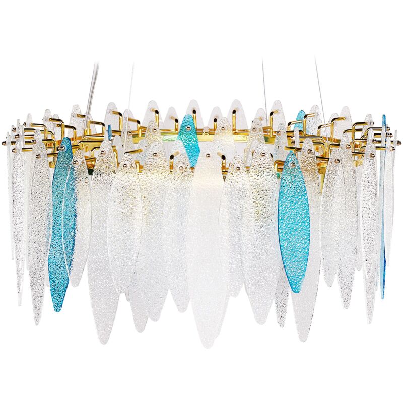 foto del prodotto lampadario a sospensione luce rotonda con paralume in vetro base in ferro soggiorno stile moderno glamour multicolore malacca