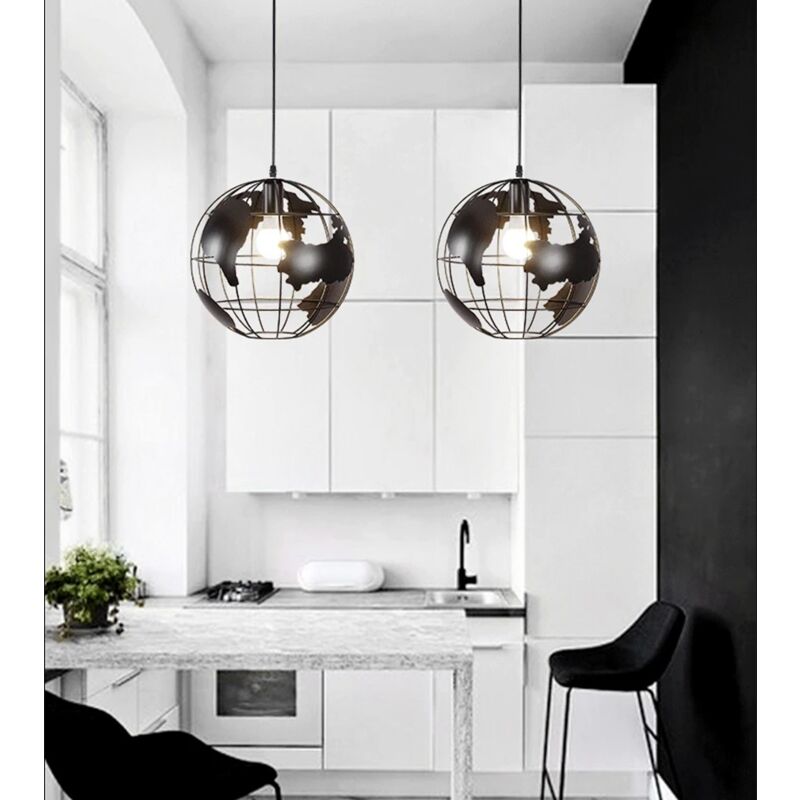 foto del prodotto lampadario a sospensione mappamondo e27 in metallo nero bianco sfera globo sospeso nero