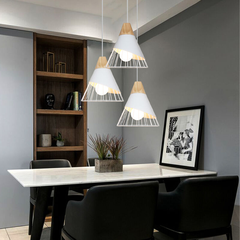 foto del prodotto lampadario a sospensione moderno a 3 luci a forma di badminton plafoniera in metallo e legno e27 apparecchio di illuminazione per sala da pranzo