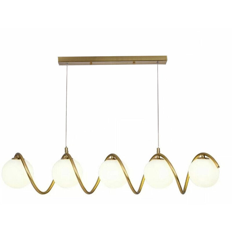 foto del prodotto lampadario a sospensione moderno da soffitto bronzo con 5 sfere in vetro bianco e attacco per lampadine g9