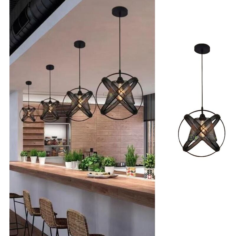 foto del prodotto lampadario a sospensione nero in metallo forato cerchi con attacco e27 design moderno vintage