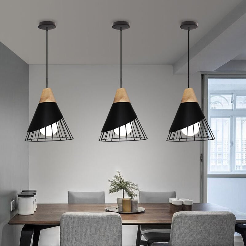 foto del prodotto lampadario a sospensione nero retrò lampada paralume metallo e legno illuminazione pendente regolabile per cucina corridoio porta 3 pezzi