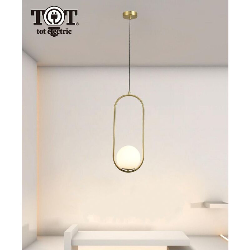 foto del prodotto lampadario a sospensione ovale metallo con sfera in vetro attacco e27 oro design moderno minimal