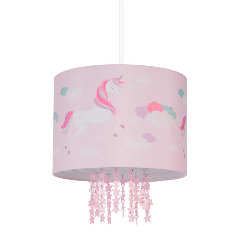 foto del prodotto lampadario a sospensione per bambini, per cameretta e stanza dei giochi, unicorni e stelle, hd 158x35 cm, rosa relaxdays