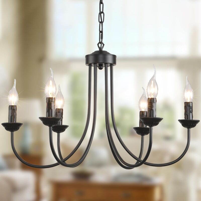 foto del prodotto lampadario a sospensione rustico country francese 62 cm per vano scale ingresso nero 6 luci ganeed