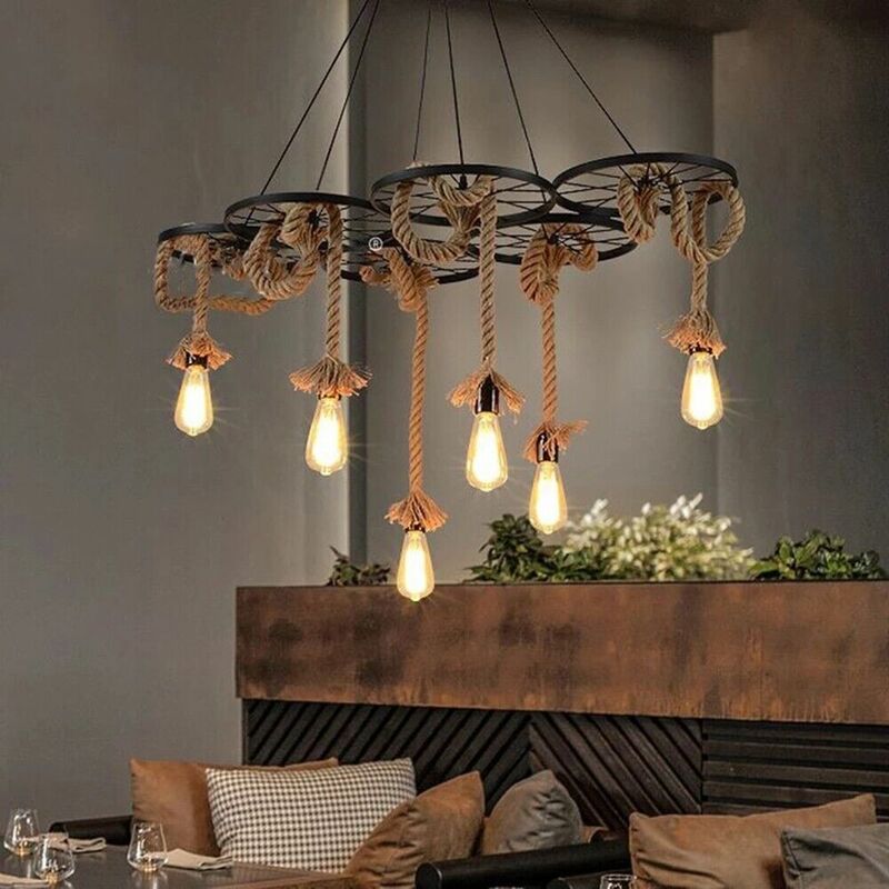 foto del prodotto lampadario a sospensione soffitto stile rustico country 6 corde canapa e ferro