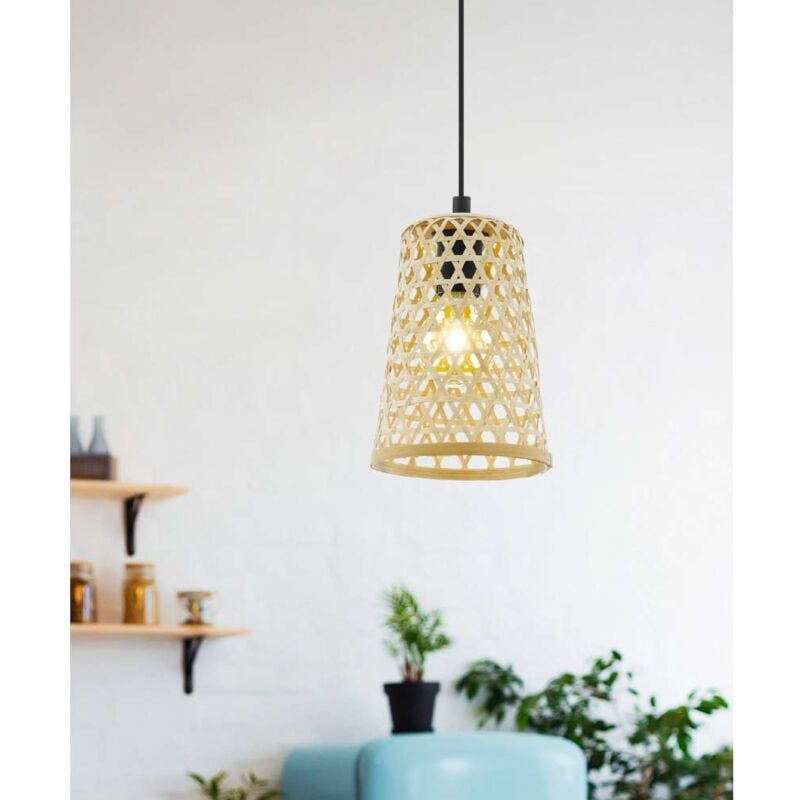 foto del prodotto lampadario a sospensione vintage claverdon acciaio nero legno 1 luce e27 d18