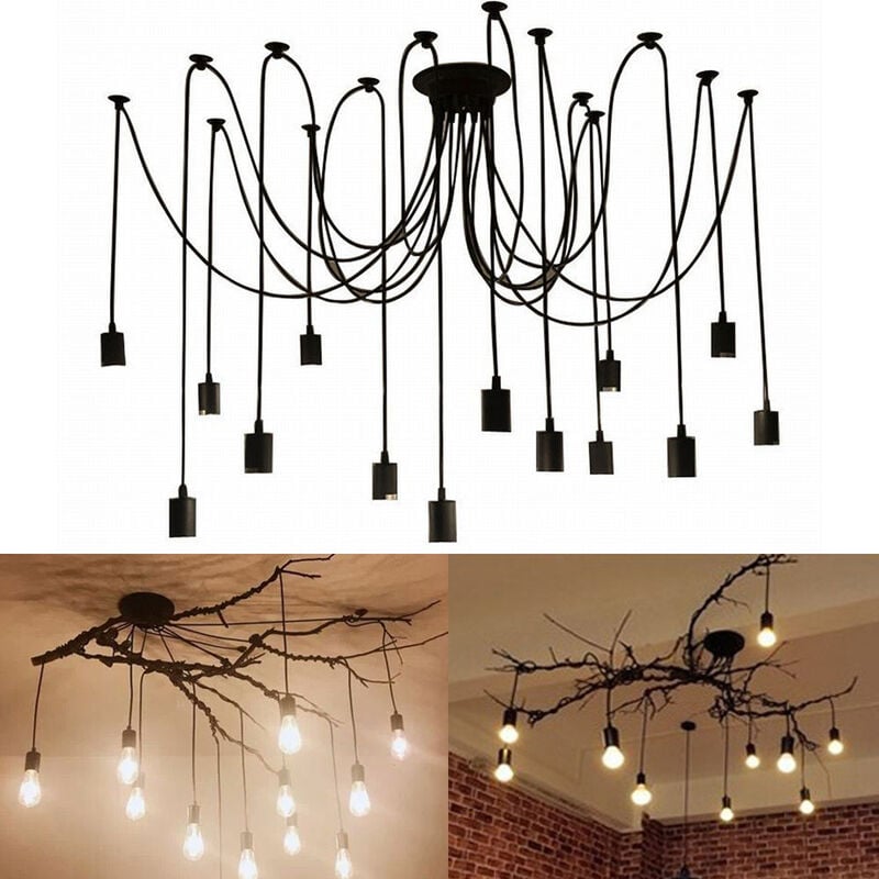 foto del prodotto lampadario a sospensione vintage spider lampadario a soffitto regolabile edison illuminazione nero 14 luci 200cm