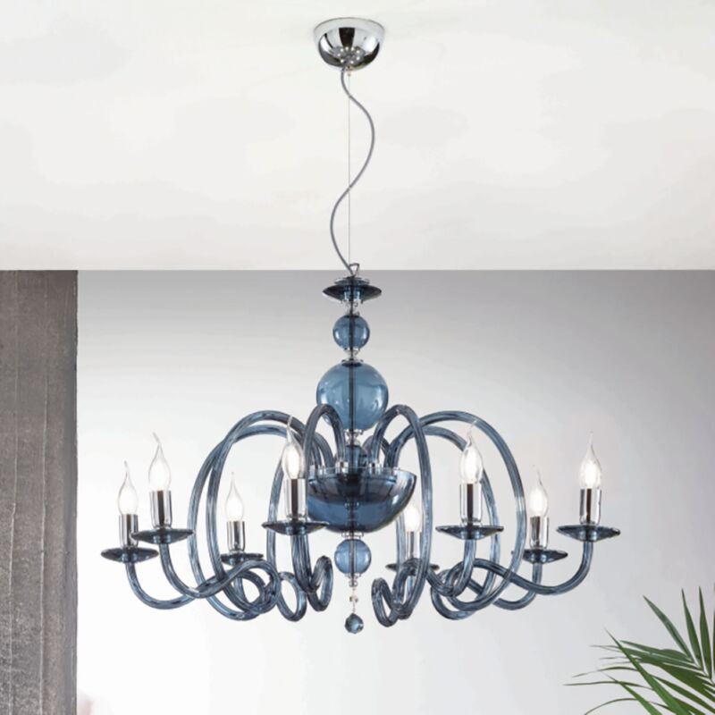 foto del prodotto lampadario a sospensione vivaldi a 8 luci in vetro lavorato a mano d88 cm ottanio
