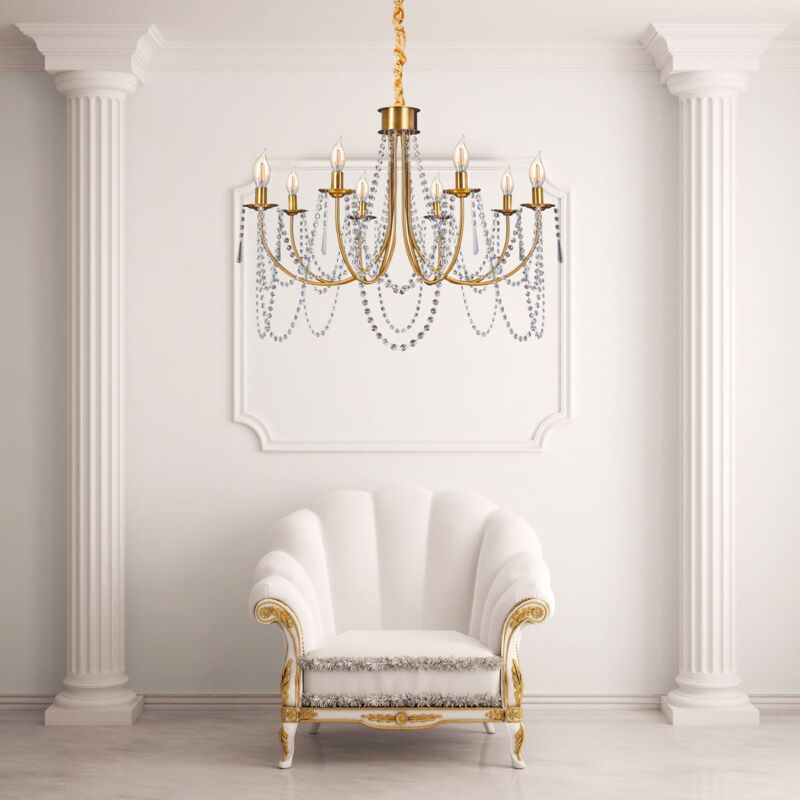 foto del prodotto lampadario app766 8cp cristallo oro candele 8 punti luce e14 75x75x48,5 118,5cm