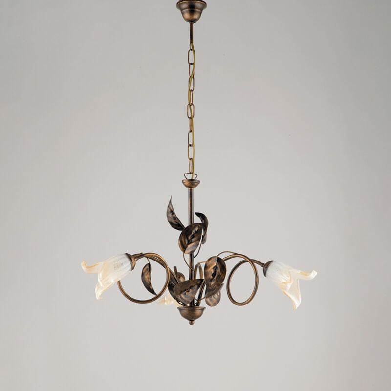 foto del prodotto lampadario classico 3 luci con foglie ferro battuto e vetro bronzo serie limone