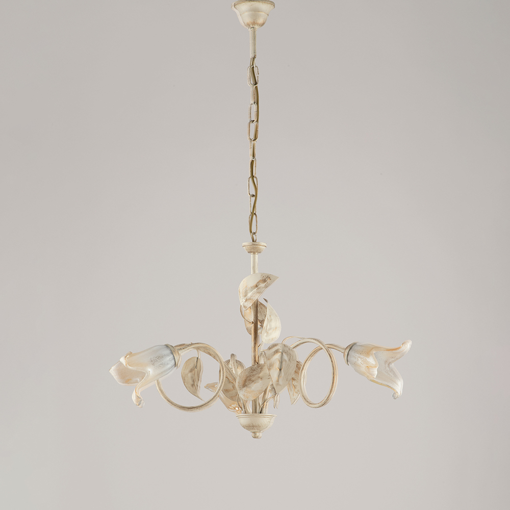 foto del prodotto lampadario classico 3 luci foglie in ferro battuto vetro avorio oro serie limone