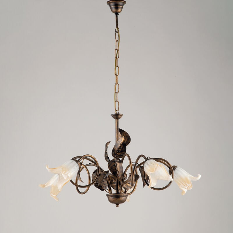 foto del prodotto lampadario classico 5 luci con foglie ferro battuto e vetro bronzo serie limone